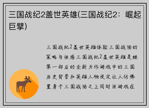 三国战纪2盖世英雄(三国战纪2：崛起巨擘)