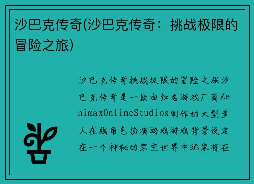 沙巴克传奇(沙巴克传奇：挑战极限的冒险之旅)
